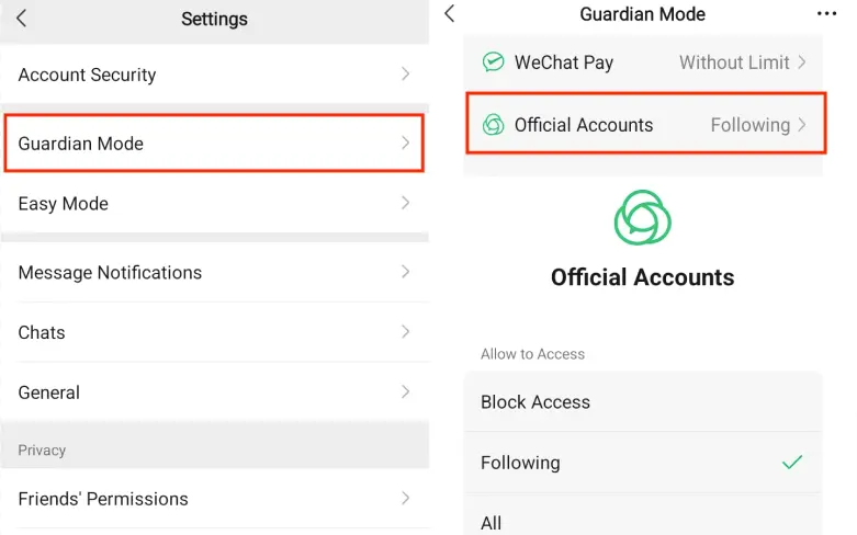 Restrict WeChat Official Accounts